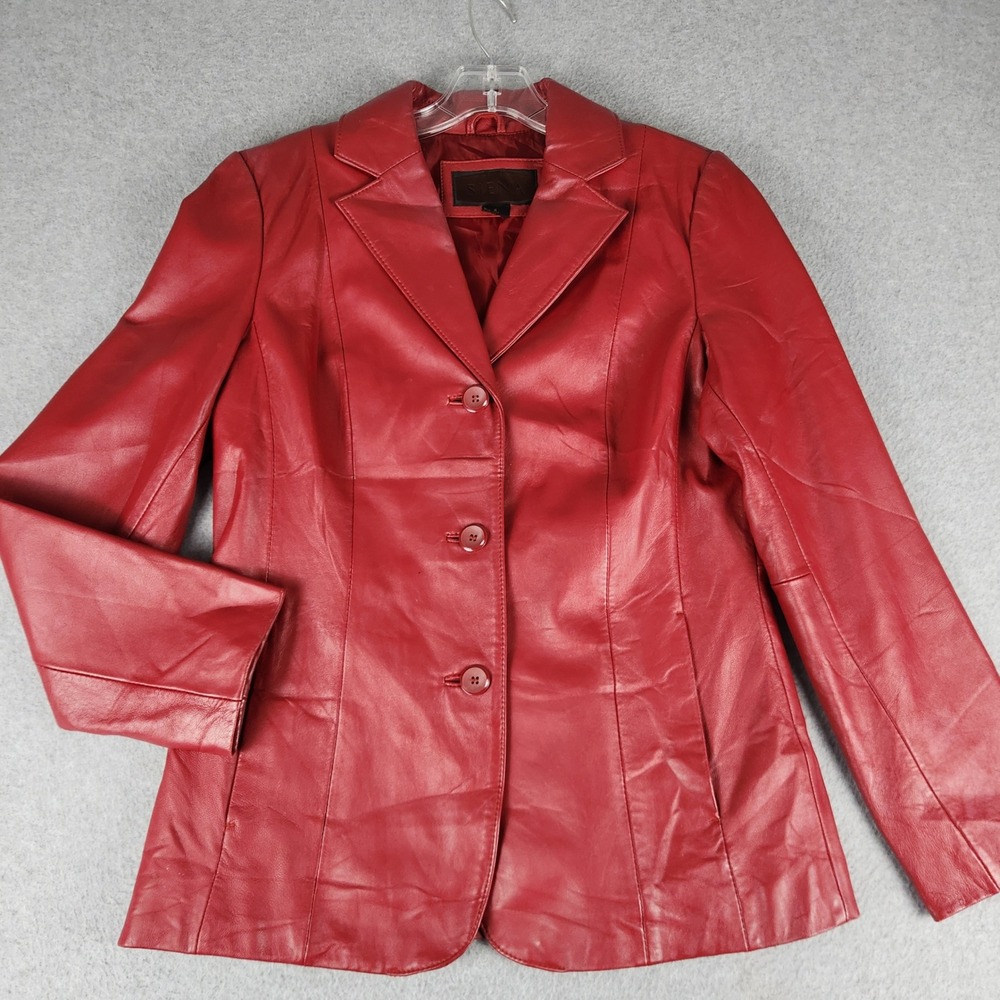 Siena Leather Blazer Jacket Women 6 Red Classic Fit Notch Lapel Single Breasted